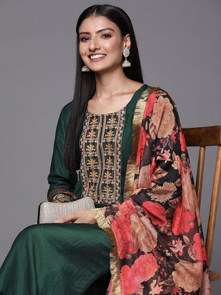 Green Silk Blend Ethnic Motif Embroidered & Thread Detailing Suit St with Organza Dupatta