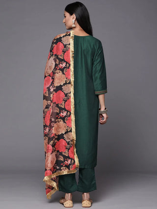 Green Silk Blend Ethnic Motif Embroidered & Thread Detailing Suit St with Organza Dupatta