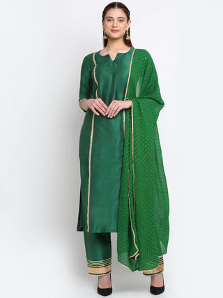 Cotton Silk Green Foil, Gota & Zari Detailing Suit Set with Georgette Dupatta