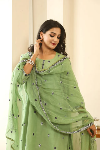Cotton Green Floral Embroidered Suit Set with Cotton Doriya Dupatta