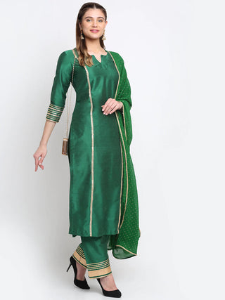 Cotton Silk Green Foil, Gota & Zari Detailing Suit Set with Georgette Dupatta