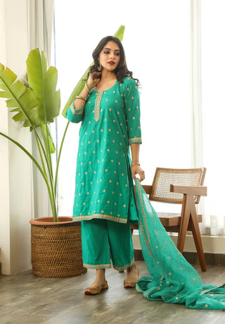 Cotton Green Floral Embroidered Suit Set with Dupatta