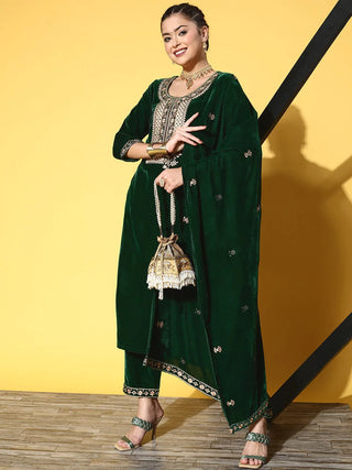 Green Velvet Motif Embroidered Suit Set with Dupatta