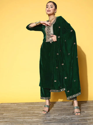 Green Velvet Motif Embroidered Suit Set with Dupatta