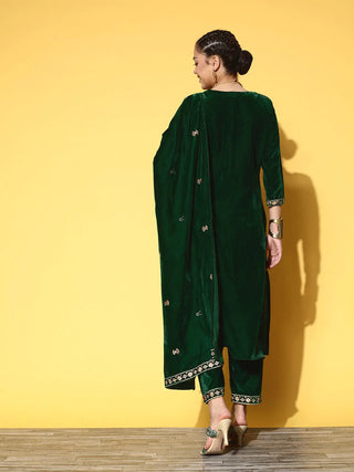 Green Velvet Motif Embroidered Suit Set with Dupatta