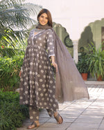 Cotton Grey Printed Kurta Pant Set with Mulmul Dupatta - Ria Fashions