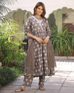 Cotton Grey Printed Kurta Pant Set with Mulmul Dupatta - Ria Fashions
