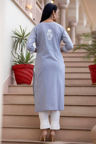 Cotton Grey Embroidered Chikankari Suit Set - Ria Fashions