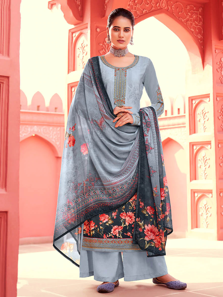 Grey French Crepe Printed Suit Set - Ria Fashions