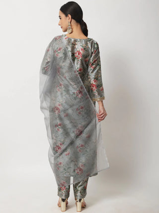 Grey Silk Printed Suit Set with Organza Dupatta