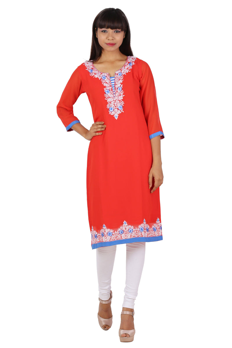 Ready Made Party Wear Red Georgette Work Kurti - Ria Fashions