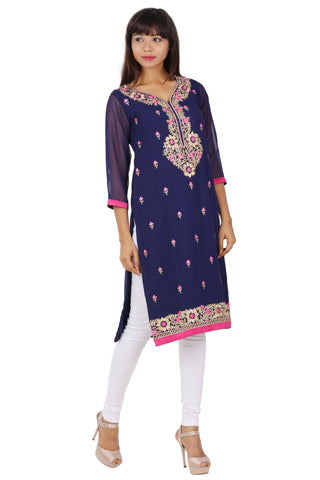 Ready Made Party Wear Navy Blue Georgette Work Kurti - Ria Fashions