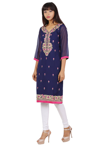Ready Made Party Wear Navy Blue Georgette Work Kurti - Ria Fashions