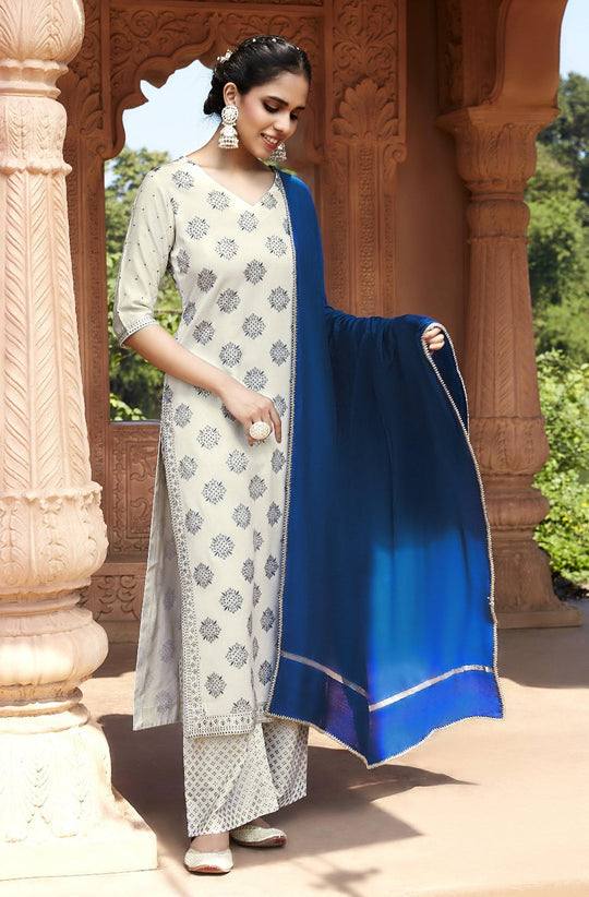Blue & White Poly Silk Salwar Set - Ria Fashions