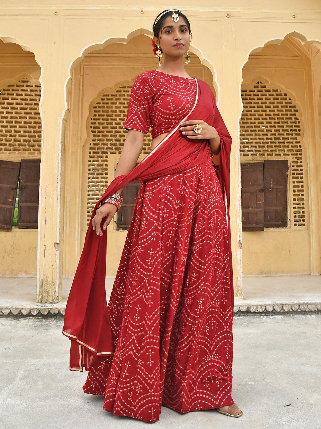 Maroon Rayon Motifs Foil Print Lehenga Choli With Chiffon Dupatta