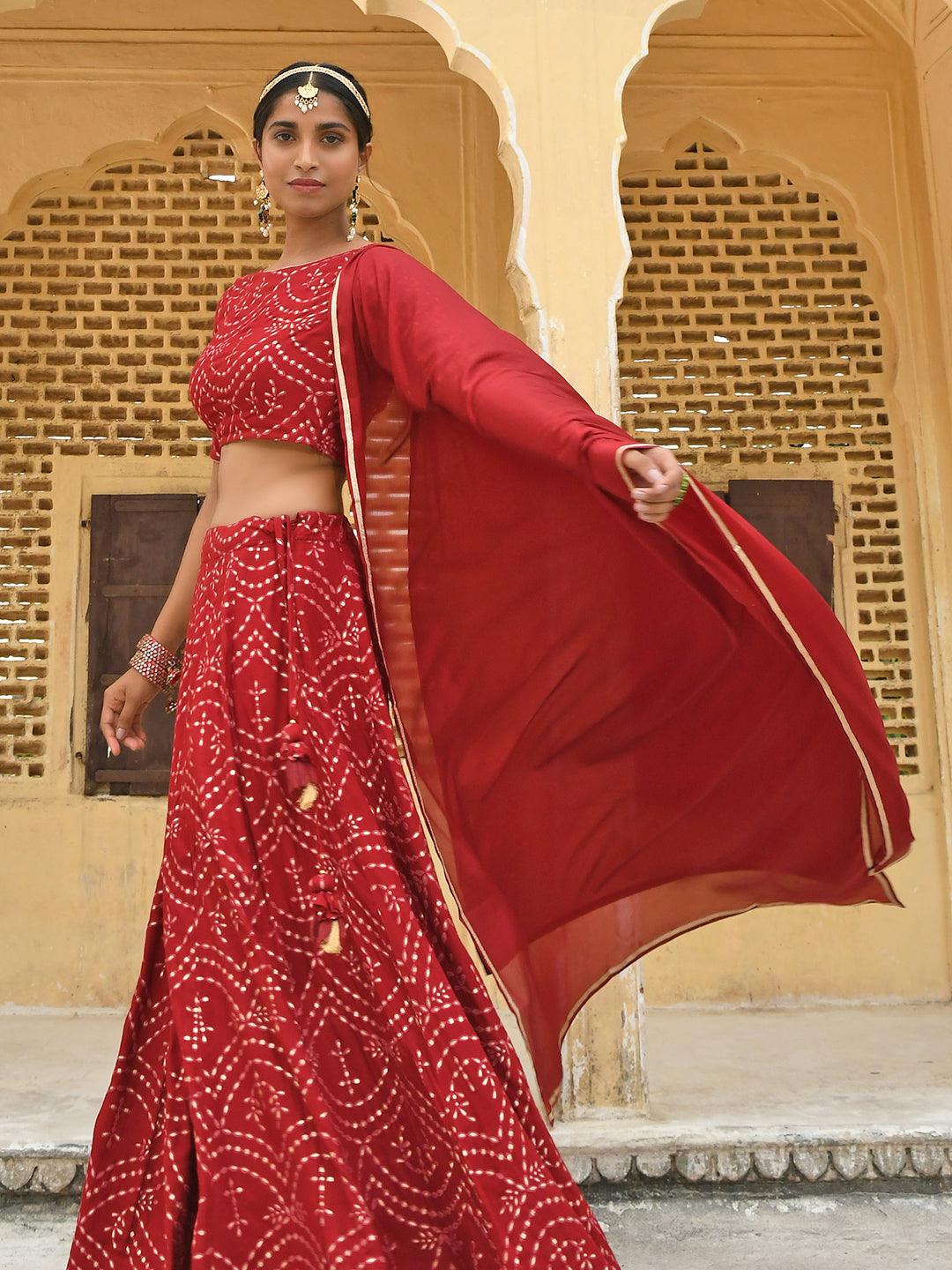 Maroon Rayon Motifs Foil Print Lehenga Choli With Chiffon Dupatta