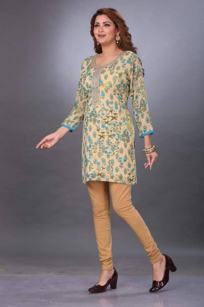 Beige Flower Printed Kurti with beautiful Lace work - Ria Fashions