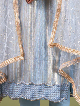 Sky Blue Net Embroidery & Lace Detailing Suit Set with Dupatta