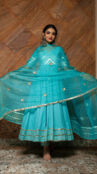 Solid Sky Blue Cotton Anarkali Suit Set - Ria Fashions