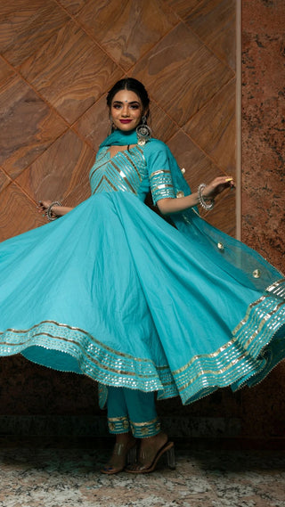 Solid Sky Blue Cotton Anarkali Suit Set - Ria Fashions