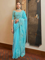 Organza Light Blue Embroidered Saree with Organza Blouse - Ria Fashions