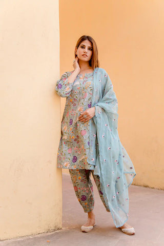Cotton Light Blue Printed Suit Set with Doriya Dupatta