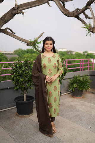 Cotton Green Floral Print Suit Set - Ria Fashions