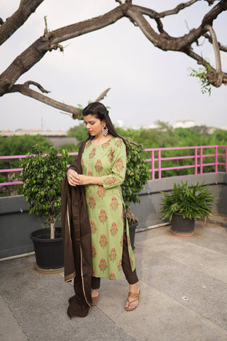 Cotton Green Floral Print Suit Set - Ria Fashions