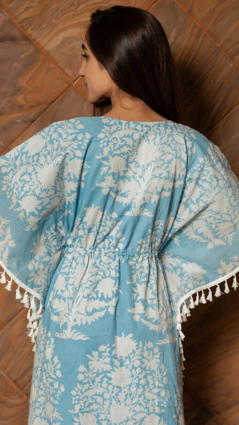 Cotton Blue & White Printed Kaftan Style Dress