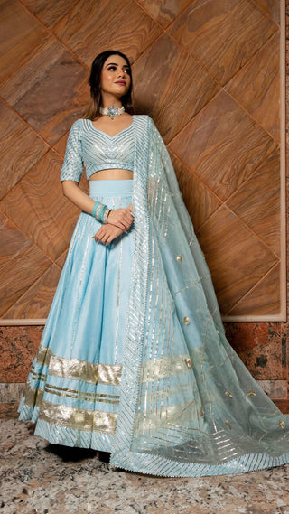 Solid Light Blue Cotton Silk Lehenga Set - Ria Fashions