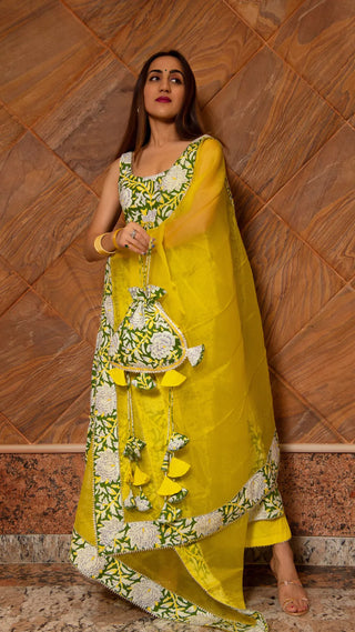 Cotton Lime Green & Yellow Printed Anarkali Suit Set with Organza Dupatta