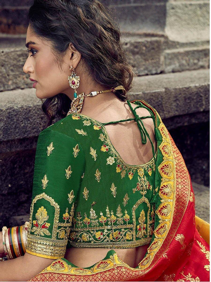 Yellow & Green Silk Banarasi Jacquard Lehenga - Ria Fashions