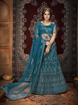 Blue and Turquoise Ocean Heavy Embroidered Net Lehenga - Ria Fashions