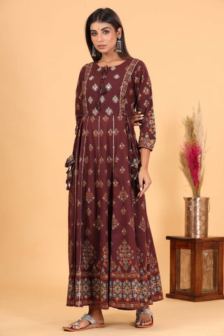 Cotton Maroon Embroidered & Printed Gown - Ria Fashions