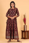 Cotton Maroon Embroidered & Printed Gown - Ria Fashions