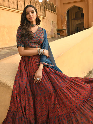 Cotton Maroon Printed Lehenga Choli Set with Blue Chiffon Dupatta