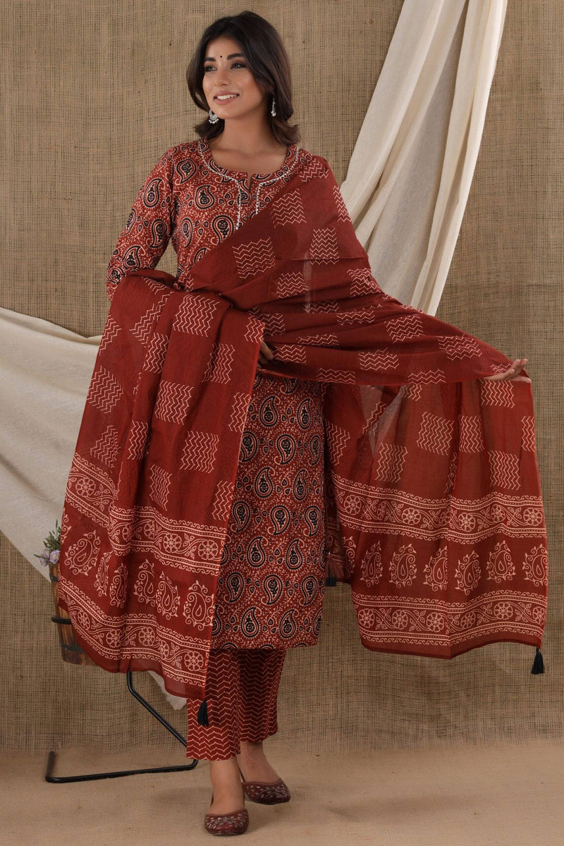 Cotton Brown Paisley Print Suit Set - Ria Fashions