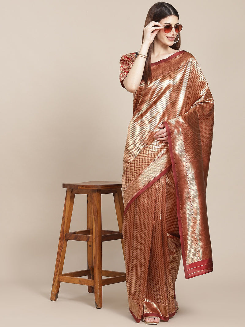 Maroon & Golden Silk Blend Ethnic Motif Woven Design Banarasi Saree