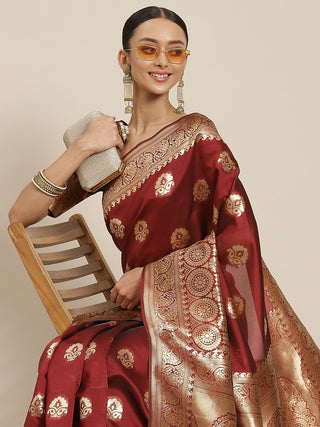 Maroon and Golden Silk Blend Ethnic Motif Woven Design Banarasi Saree