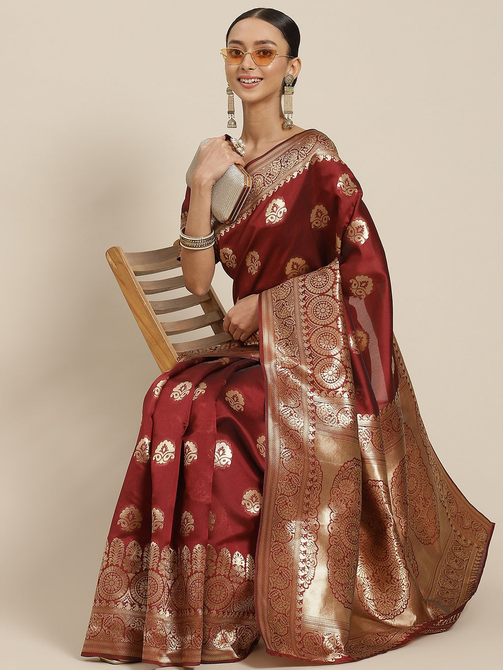Maroon and Golden Silk Blend Ethnic Motif Woven Design Banarasi Saree