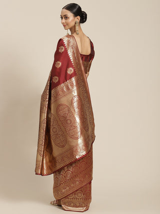 Maroon and Golden Silk Blend Ethnic Motif Woven Design Banarasi Saree