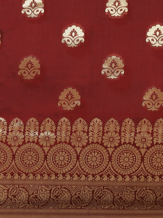 Maroon and Golden Silk Blend Ethnic Motif Woven Design Banarasi Saree