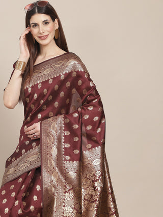 Maroon & Golden Silk Blend Ethnic Motif Woven Design Banarasi Saree