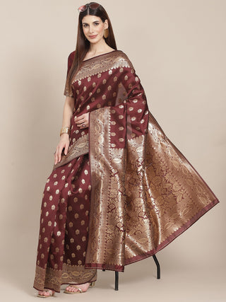 Maroon & Golden Silk Blend Ethnic Motif Woven Design Banarasi Saree