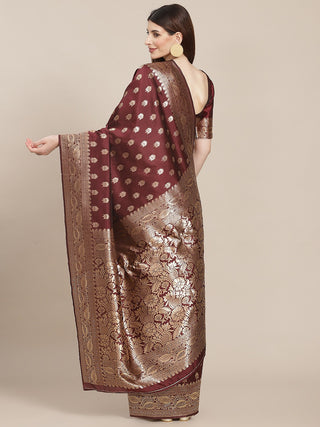 Maroon & Golden Silk Blend Ethnic Motif Woven Design Banarasi Saree