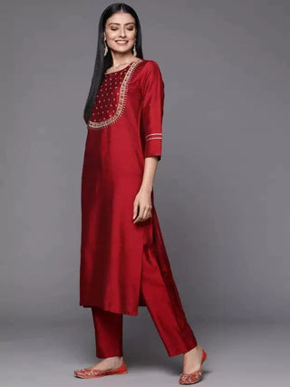 Maroon Silk Blend Embroidered Kurta Palazzo Set with Cotton Blend Dupatta