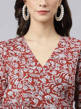 Cotton Maroon Floral Print Angrakha Western Style Dress