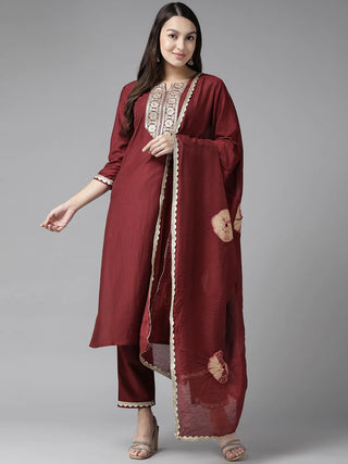 Maroon Silk Embroidered Suit Set with Dupatta