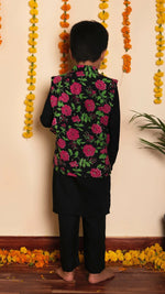 Solid Black Rayon Kurta Pant Set with Cotton Printed Nehru Jacket