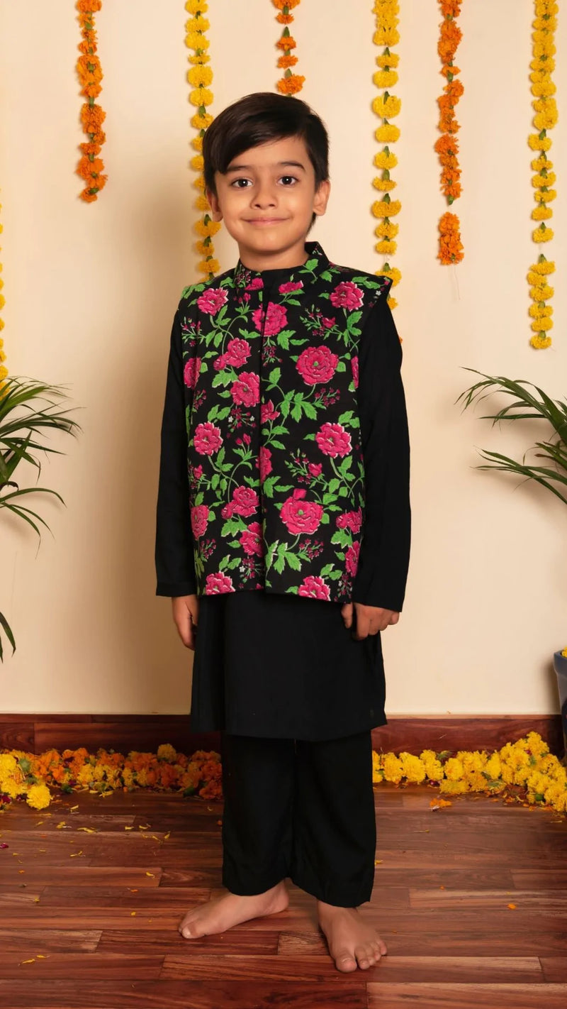 Solid Black Rayon Kurta Pant Set with Cotton Printed Nehru Jacket